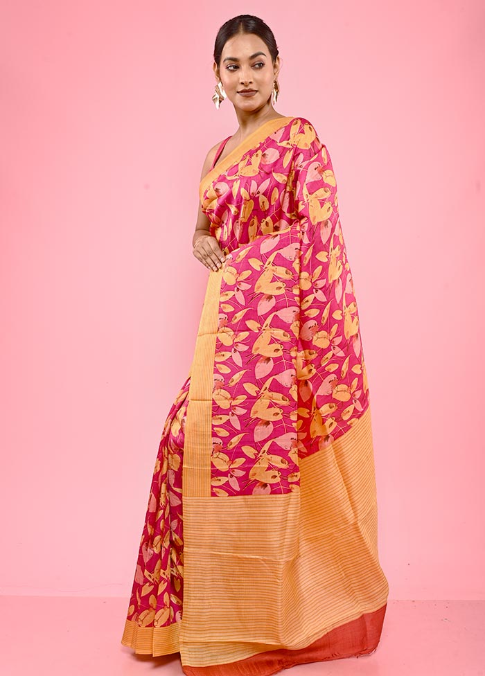 Pink Printed Pure Silk Saree With Blouse Piece - Indian Silk House Agencies