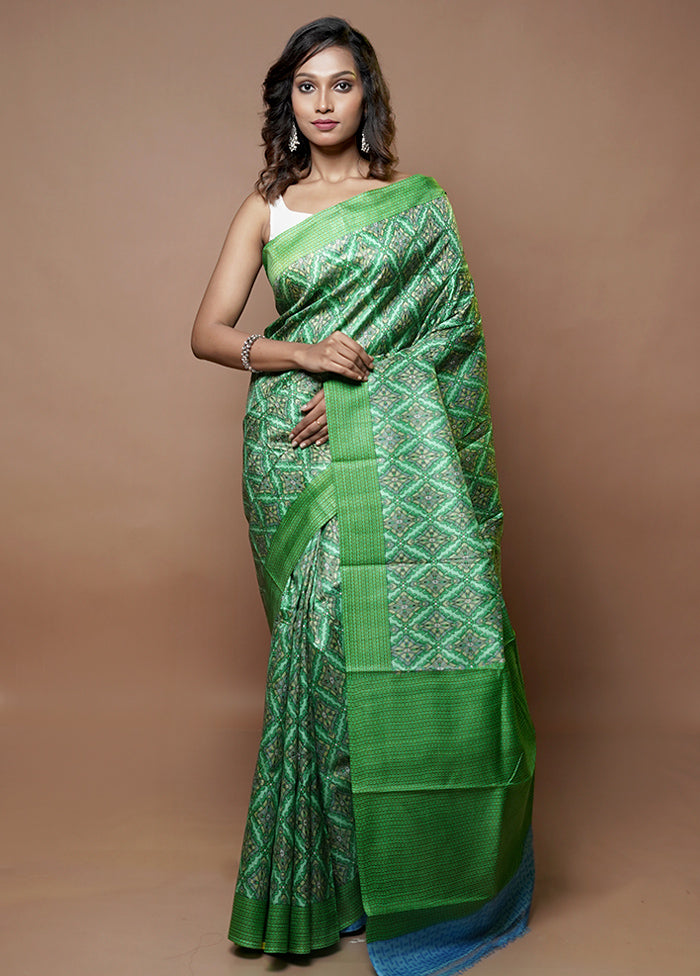 Green Printed Pure Silk Saree Without Blouse Piece