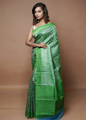 Green Printed Pure Silk Saree Without Blouse Piece