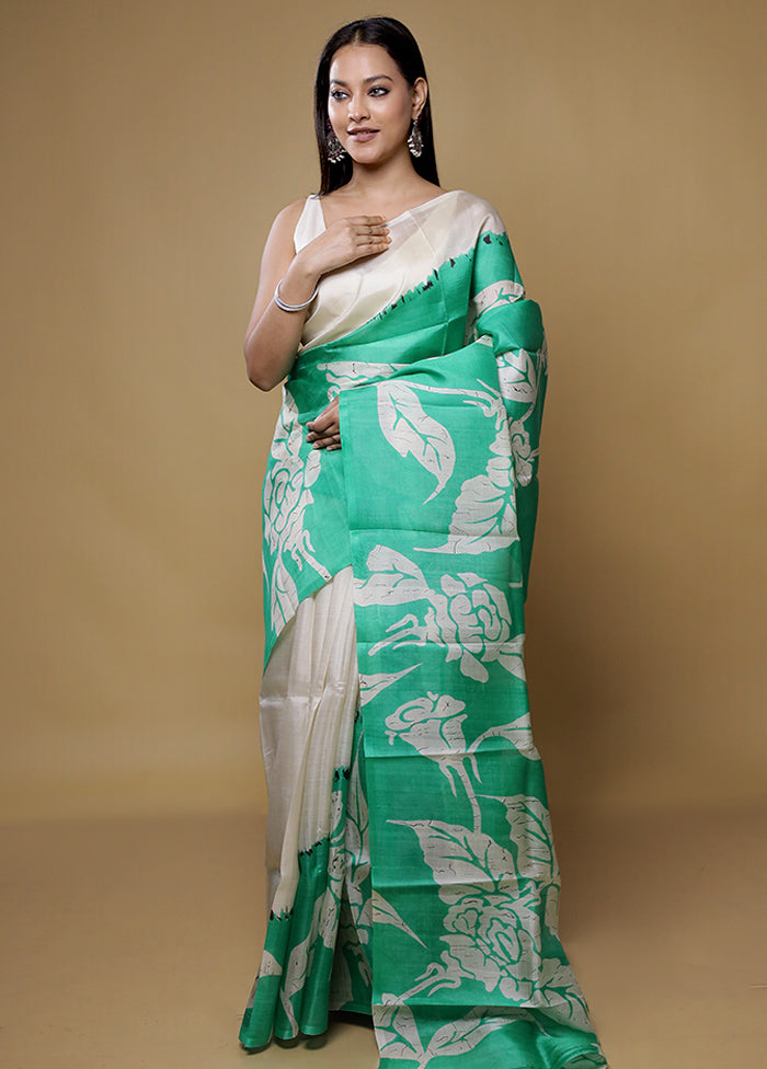 Green Printed Pure Silk Saree Without Blouse Piece