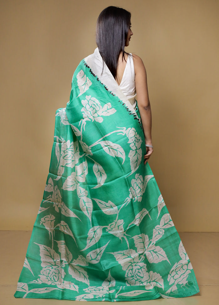 Green Printed Pure Silk Saree Without Blouse Piece