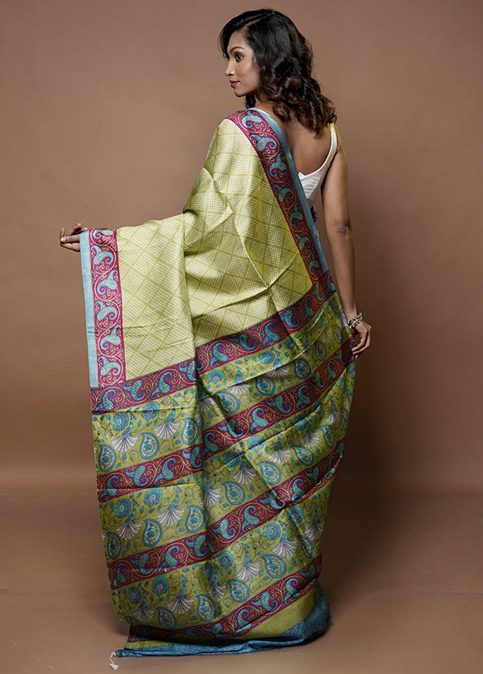 Green Printed Pure Silk Saree Without Blouse Piece