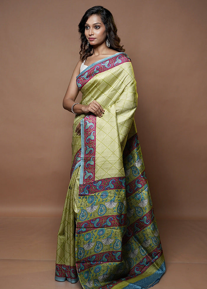 Green Printed Pure Silk Saree Without Blouse Piece