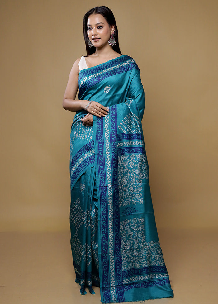 Green Printed Pure Silk Saree Without Blouse Piece