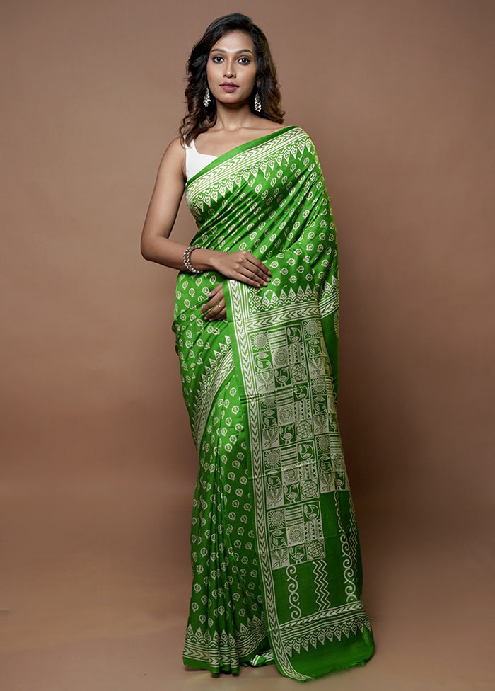 Green Printed Pure Silk Saree Without Blouse Piece