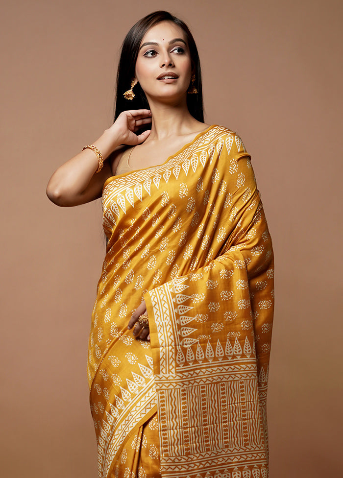 Yellow Printed Pure Silk Saree Without Blouse Piece