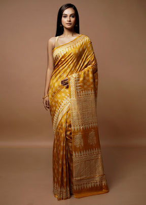 Yellow Printed Pure Silk Saree Without Blouse Piece