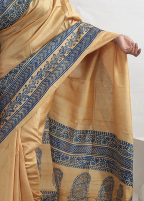 Cream Printed Pure Silk Saree With Blouse Piece - Indian Silk House Agencies