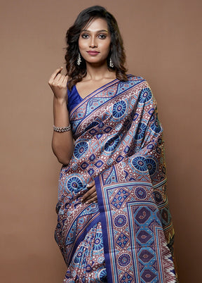 Blue Printed Pure Silk Saree Without Blouse Piece