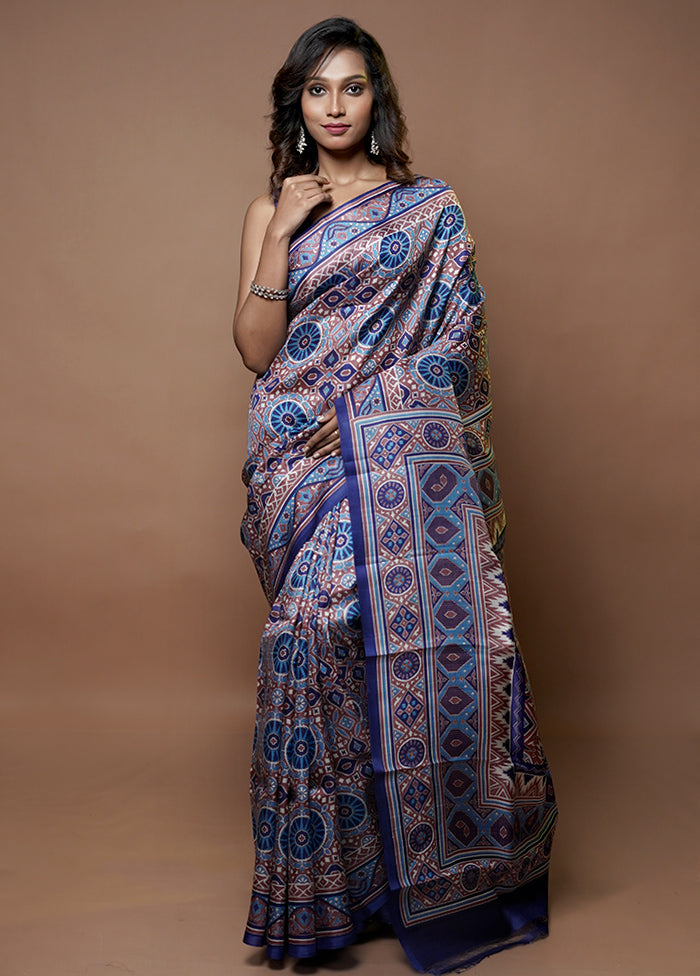 Blue Printed Pure Silk Saree Without Blouse Piece