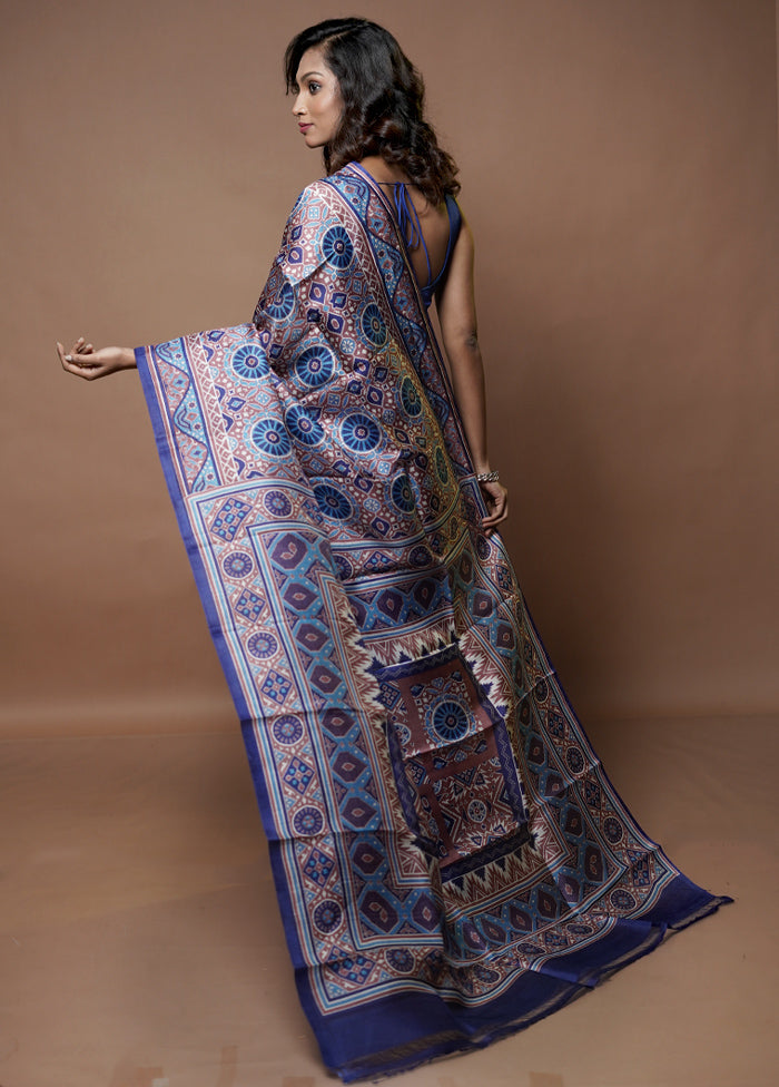 Blue Printed Pure Silk Saree Without Blouse Piece