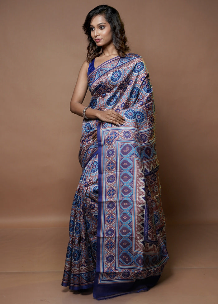 Blue Printed Pure Silk Saree Without Blouse Piece