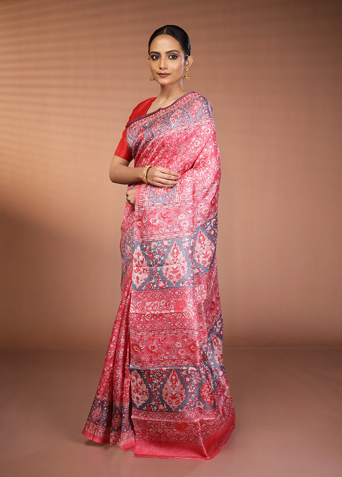 Pink Printed Pure Silk Saree Without Blouse Piece