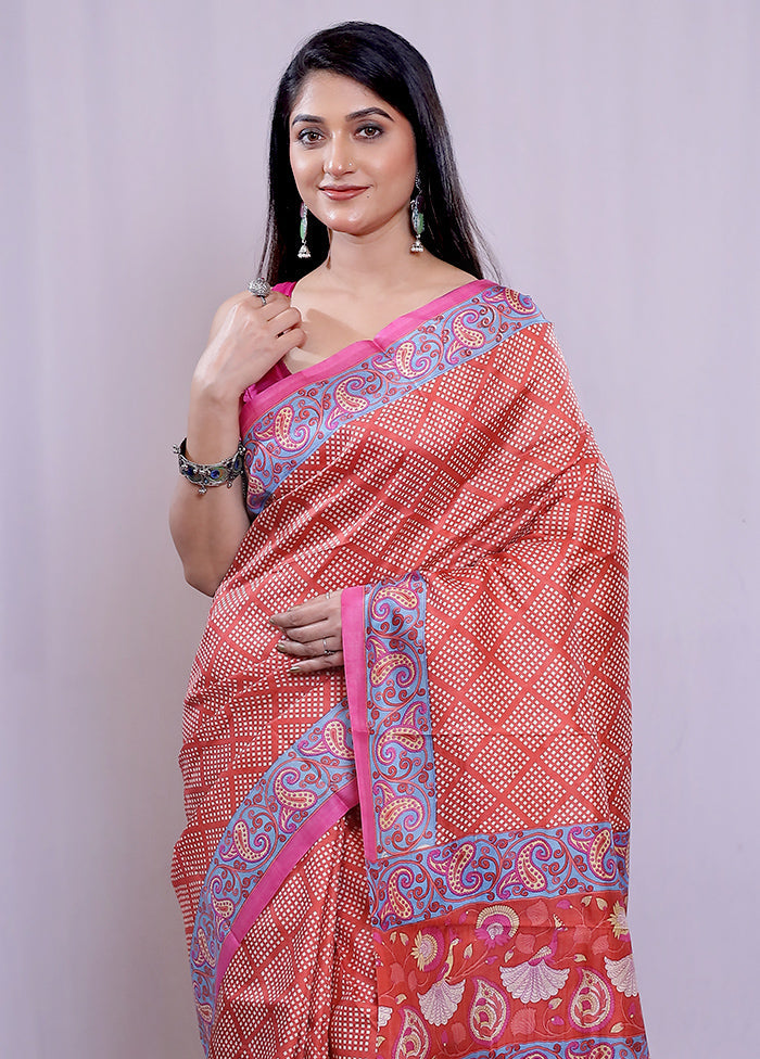 Rust Printed Pure Silk Saree With Blouse Piece - Indian Silk House Agencies