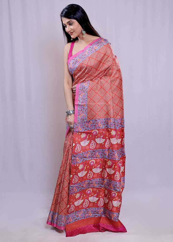 Rust Printed Pure Silk Saree With Blouse Piece - Indian Silk House Agencies