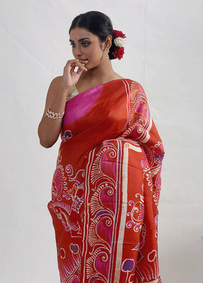 Rust Batik Printed Pure Silk Saree With Blouse Piece - Indian Silk House Agencies