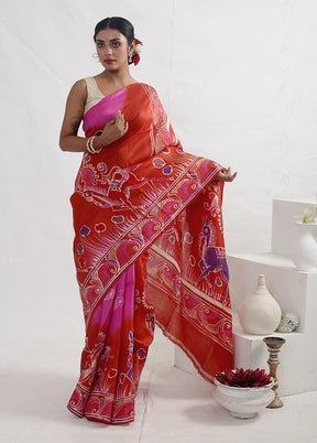 Rust Batik Printed Pure Silk Saree With Blouse Piece - Indian Silk House Agencies