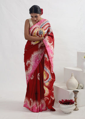 Red Batik Printed Pure Silk Saree With Blouse Piece - Indian Silk House Agencies