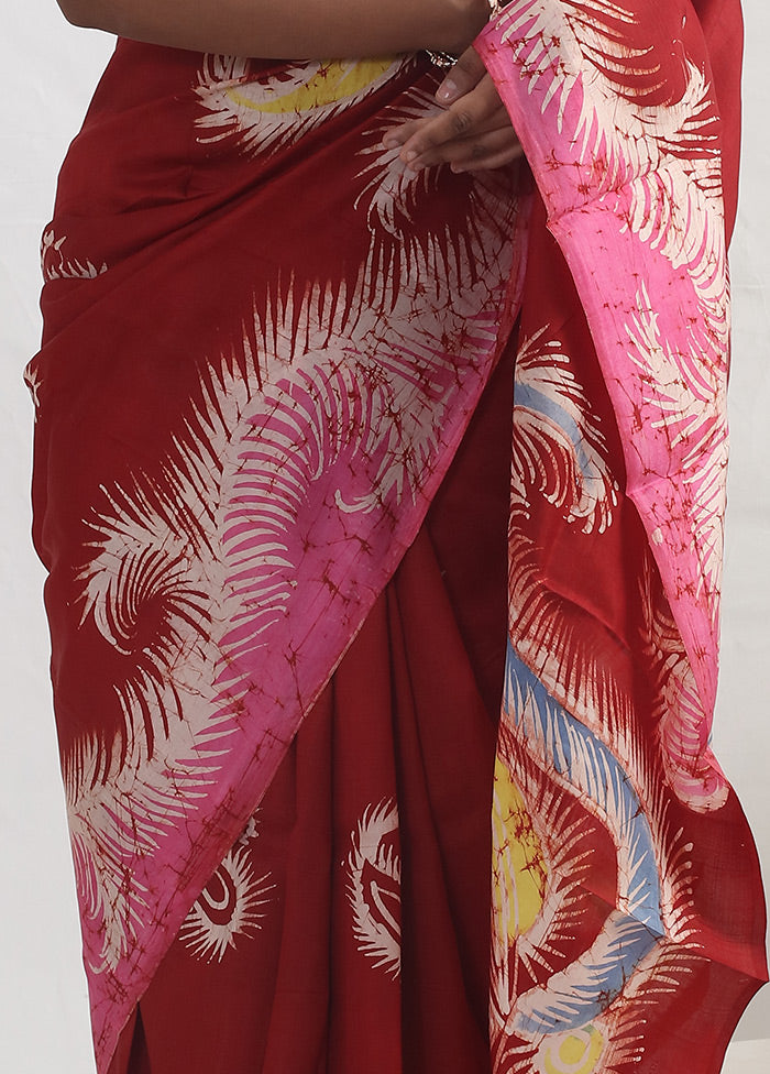 Red Batik Printed Pure Silk Saree With Blouse Piece - Indian Silk House Agencies