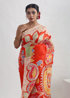 Orange Batik Printed Pure Silk Saree With Blouse Piece - Indian Silk House Agencies