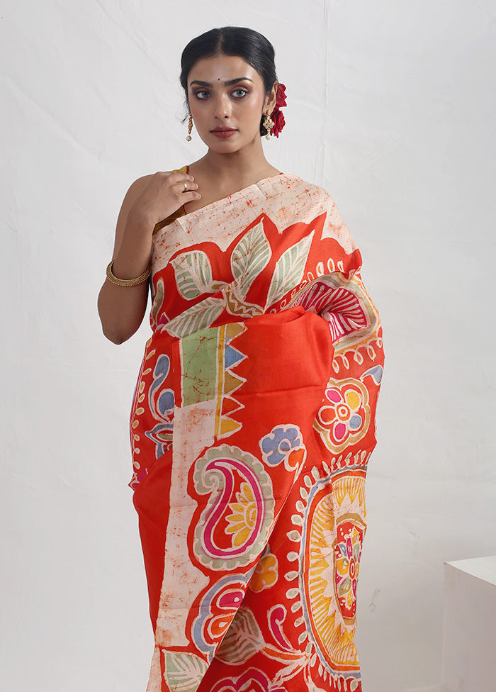 Orange Batik Printed Pure Silk Saree With Blouse Piece - Indian Silk House Agencies