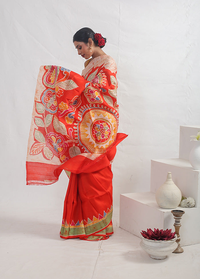 Orange Batik Printed Pure Silk Saree With Blouse Piece - Indian Silk House Agencies