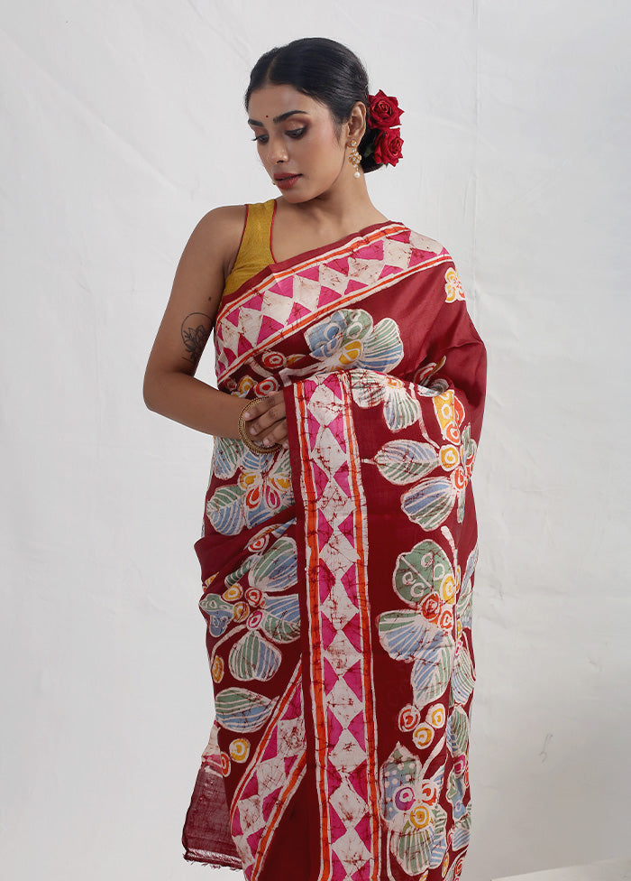 Brown Batik Printed Pure Silk Saree With Blouse Piece - Indian Silk House Agencies