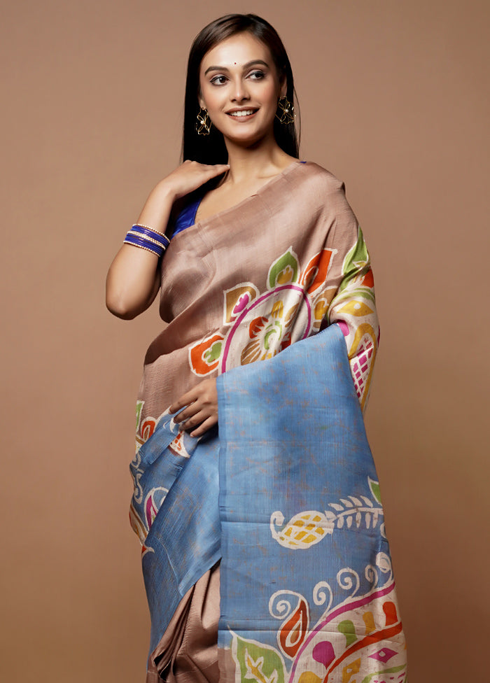 Blue Printed Pure Silk Saree Without Blouse Piece