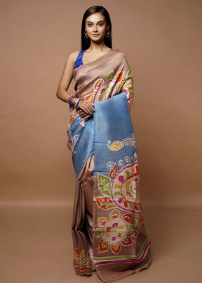 Blue Printed Pure Silk Saree Without Blouse Piece