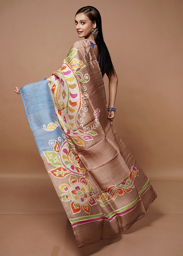 Blue Printed Pure Silk Saree Without Blouse Piece