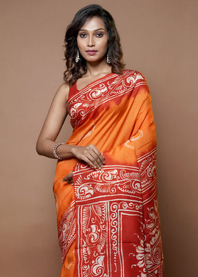 Rust Printed Pure Silk Saree Without Blouse Piece