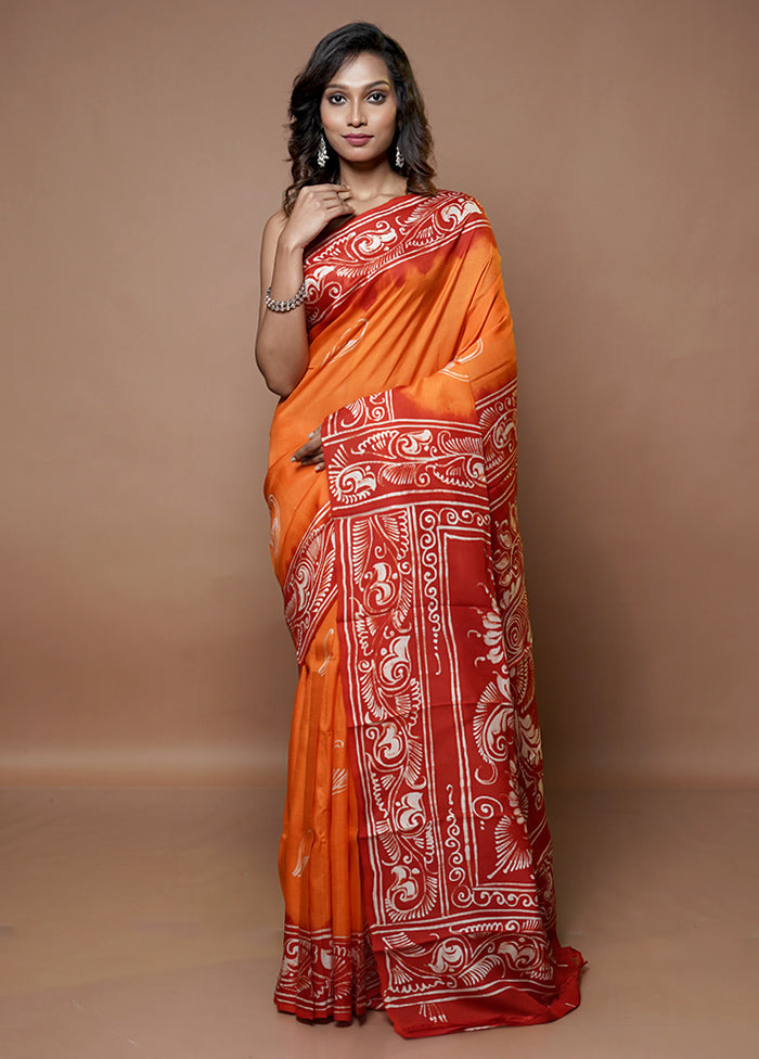 Rust Printed Pure Silk Saree Without Blouse Piece