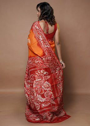 Rust Printed Pure Silk Saree Without Blouse Piece