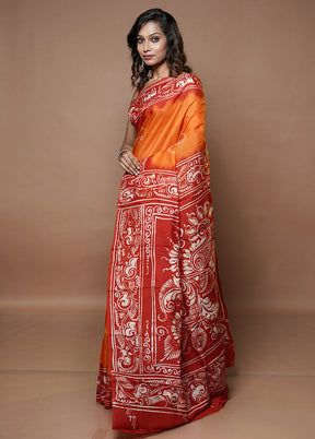 Rust Printed Pure Silk Saree Without Blouse Piece