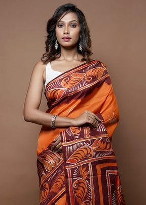 Orange Printed Pure Silk Saree Without Blouse Piece