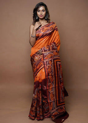 Orange Printed Pure Silk Saree Without Blouse Piece