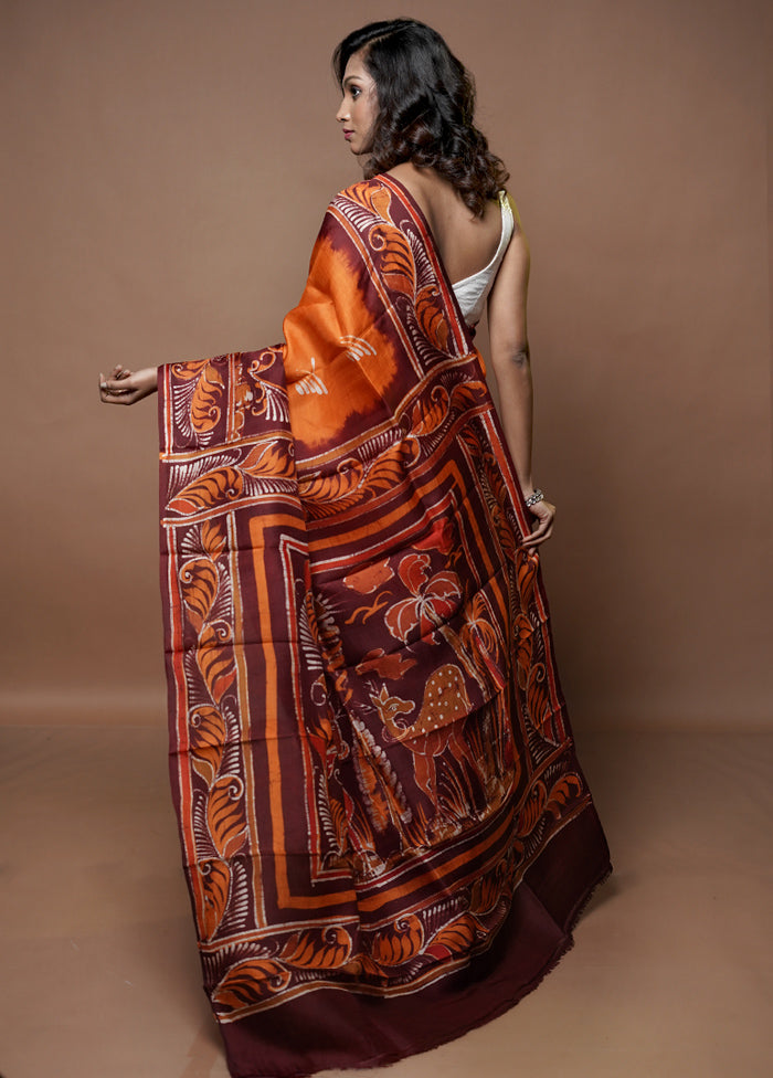 Orange Printed Pure Silk Saree Without Blouse Piece