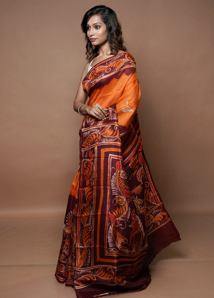 Orange Printed Pure Silk Saree Without Blouse Piece