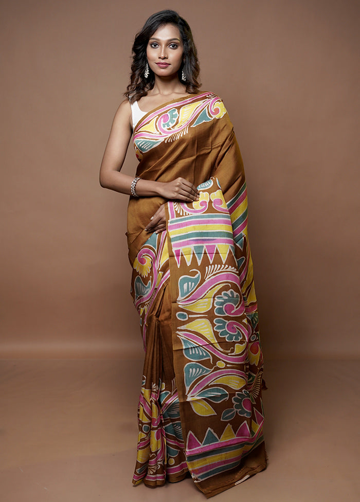 Cream Printed Pure Silk Saree Without Blouse Piece