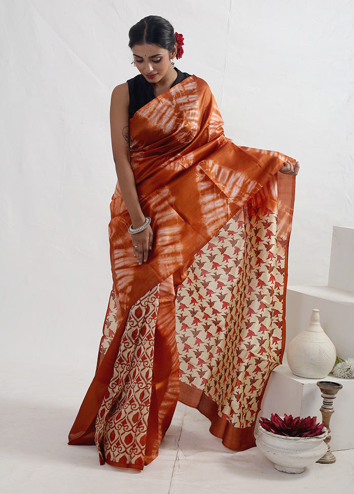 Rust Printed Pure Silk Saree With Blouse Piece - Indian Silk House Agencies