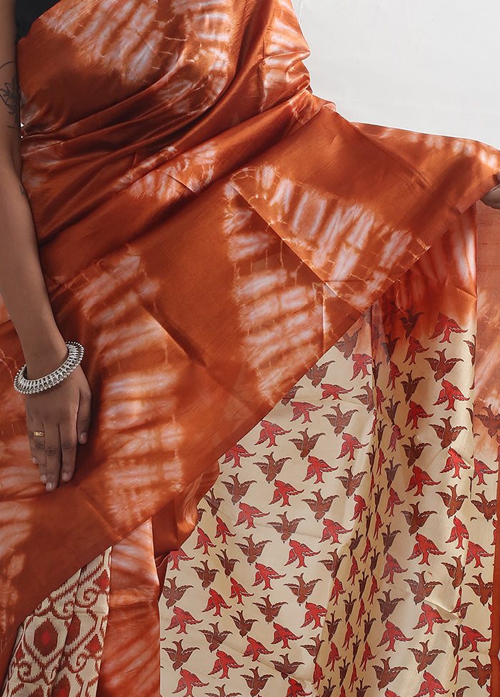 Rust Printed Pure Silk Saree With Blouse Piece - Indian Silk House Agencies