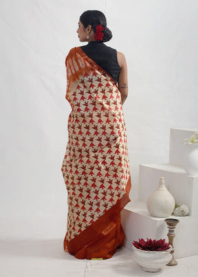 Rust Printed Pure Silk Saree With Blouse Piece - Indian Silk House Agencies