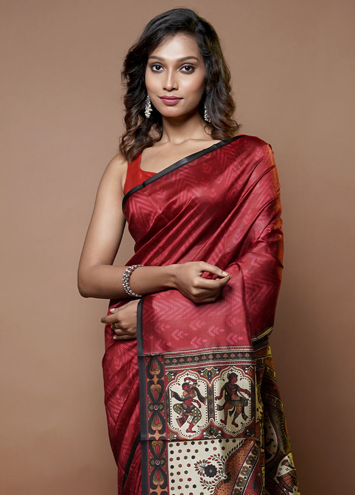 Red Printed Pure Silk Saree Without Blouse Piece