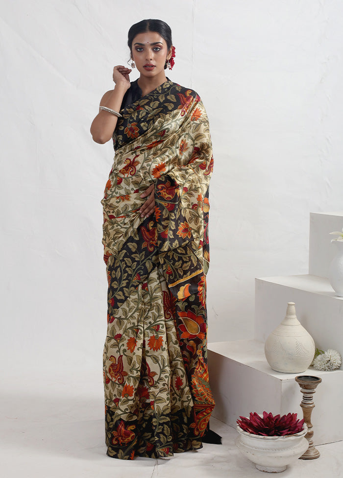 Cream Printed Pure Silk Saree With Blouse Piece - Indian Silk House Agencies