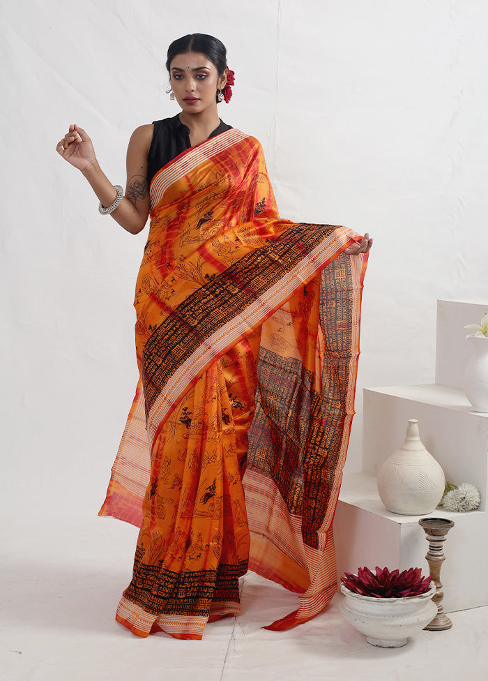 Rust Printed Pure Silk Saree With Blouse Piece - Indian Silk House Agencies