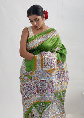 Green Madhubani Printed Pure Silk Saree With Blouse Piece - Indian Silk House Agencies