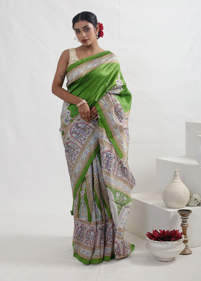 Green Madhubani Printed Pure Silk Saree With Blouse Piece - Indian Silk House Agencies