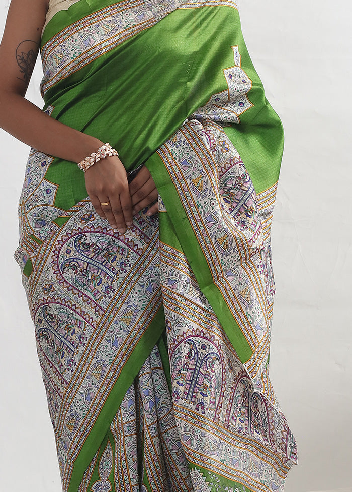 Green Madhubani Printed Pure Silk Saree With Blouse Piece - Indian Silk House Agencies