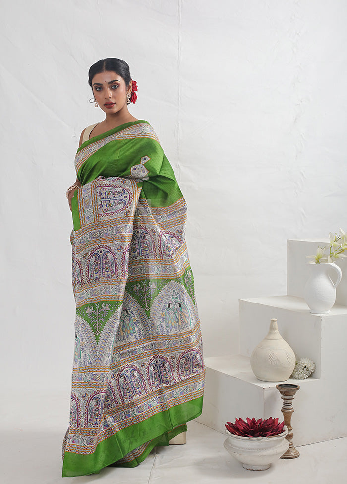 Green Madhubani Printed Pure Silk Saree With Blouse Piece - Indian Silk House Agencies