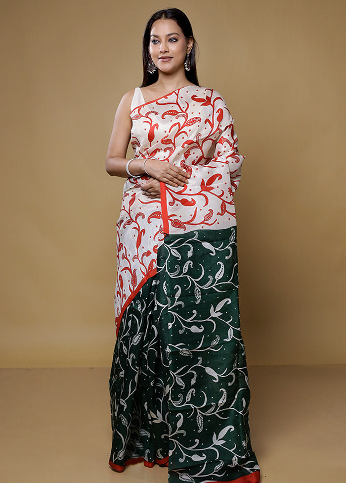 Cream Printed Pure Silk Saree Without Blouse Piece